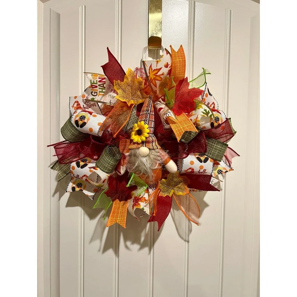 13 inch Ribbon Wreath Fall Autumn Thanksgiving Gnome MW5